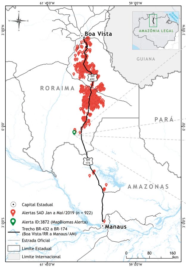 Mapa mostrando alertas de desmatamento entre Manaus (AM) e Boa Vista (RR)