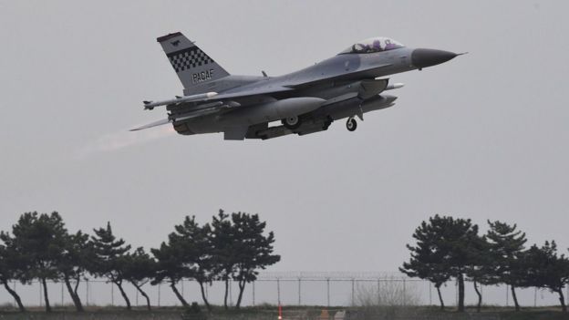 A South Korean F-15K jet fighter takes off during the 'Max Thunder' South Korea-US military joint air exercise at a US air base in the southwestern port city of Gunsan