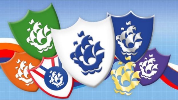Cartoon picture of various Blue Peter badges