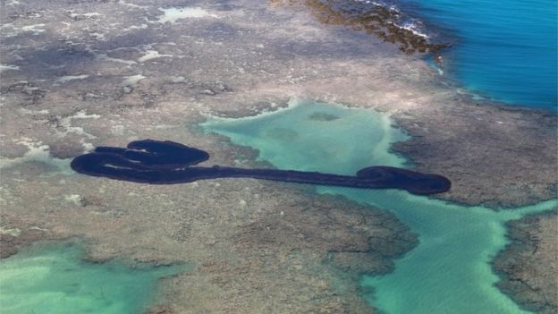 Una mancha de petróleo en un arrecife de Brasil