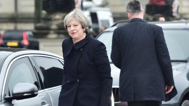 Theresa May arrices at Cardiff Brexit meeting