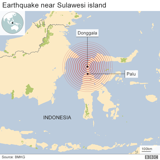 Map showing the epicentre of the earthquake near Sulawesi island in Indonesia