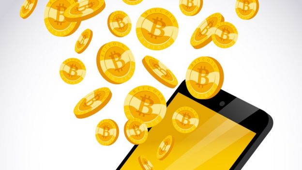 Ilustración de celular y bitcoins.