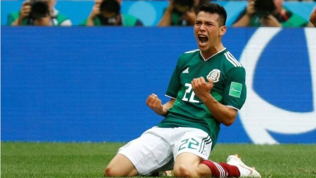 Soccer Football - World Cup - Group F - Germany vs Mexico - Luzhniki Stadium, Moscow, Russia - June 17, 2018 Mexico"s Hirving Lozano celebrates scoring their first goal REUTERS/