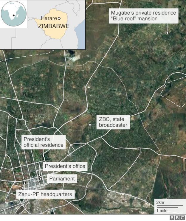 Map showing Mugabe's mansion in relation to government buildings in Harare