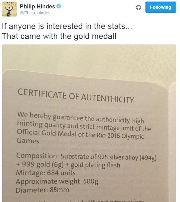 Cyclist Philip Hindes with his mis-spelled certificate of authenticity for his gold medal
