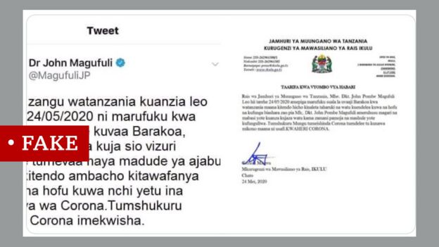 Screen grab of tweet about Tanzania president