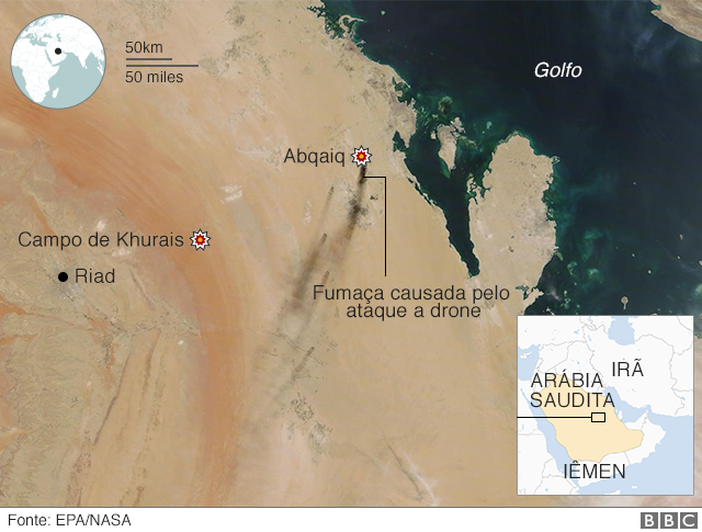 Imagem de satélite da Nasa mostra a fumaça do incêndio provocado pelos ataques de drone