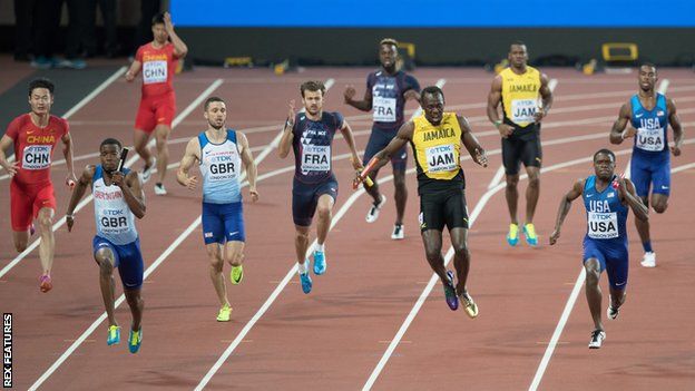 Usain Bolt (fourth from right) pulls up