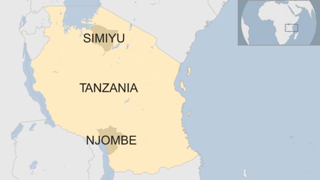 A map of Tanzania showing the location of Simiyu and Njombe regions.