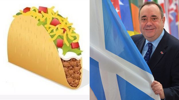 Emoji de un taco y Alex Salmond con la bandera escocesa