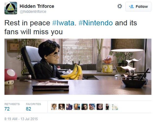 Screengrab of Hidden Triforce's tweet about Satoru Iwata 13 July 2015