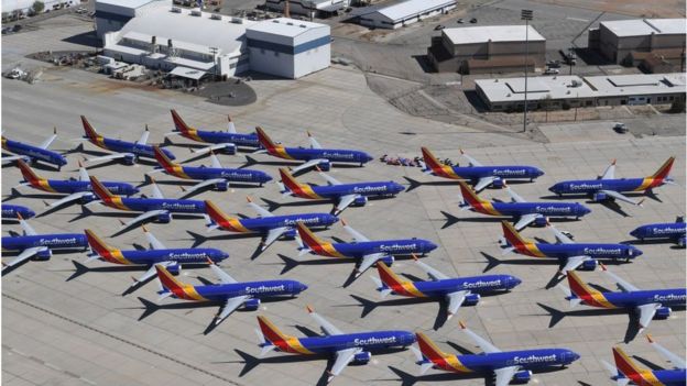 Grounded Southwest Airlines Boeing 737 Max aircraft parked at the Southern California Logistics Airport