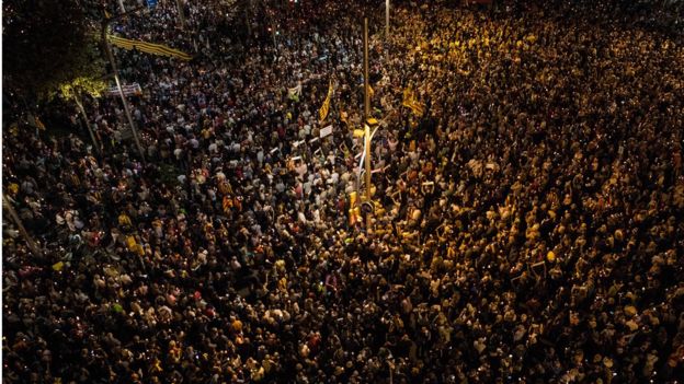 Thousands of people are seen from above protesting against imprisonment of two key members of the Catalan independence movement on October 17, 2017 in Barcelona, Spain