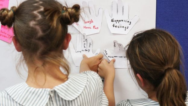 Girls in a drought-affected town stick notes on a whiteboard. Notes read: "Expressing feelings" and "Laugh and have fun"