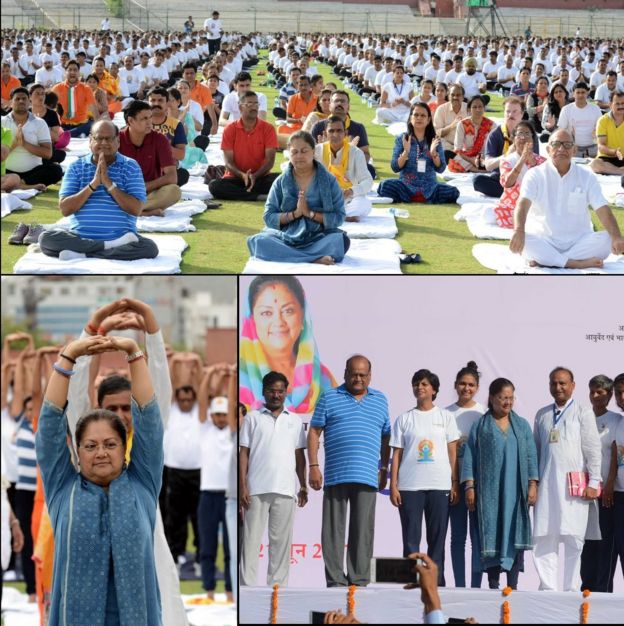 ராஜஸ்தான் முதல்வர் வசுந்துரா ராஜே ஜெய்பூரில் யோகா பயிற்சியில் ஈடுபட்டார்.