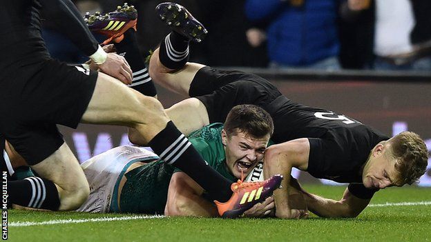 Jacob Stockdale scores Ireland's crucial try in Ireland's first ever home win over the All Blacks last month