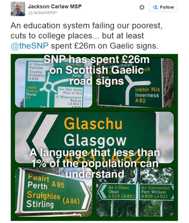 Jackson Carlaw tweet/An education system failing our poorest, cuts to college places... but at least @theSNP spent £26m on Gaelic signs.