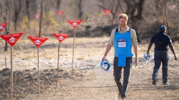 Prince Harry see the work of landmine clearance charity the Halo Trust in Angola on 27 September 2019