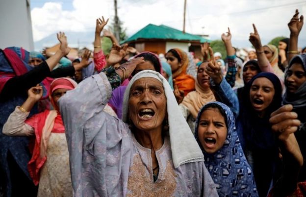 Kashmiri women shout slogans during a protest after the scrapping of the special constitutional status for Kashmir by the Indian government, in Srinagar, August 11, 2019
