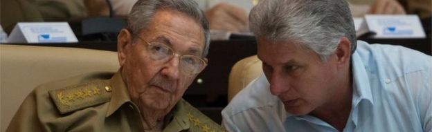 In this file handout picture released by Cuban official website www.cubadebate.cu on July 8, 2016, Cuban President Raul Castro (L) talks with First Vice-Presidente Miguel Diaz-Canel during the First Annual Session of the Cuban Parliament at the Convention Palace in Havana