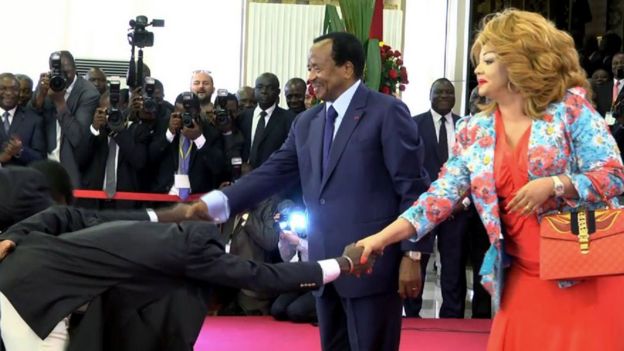 President Paul Biya (L) and his wife Chantal Biya in Yaounde