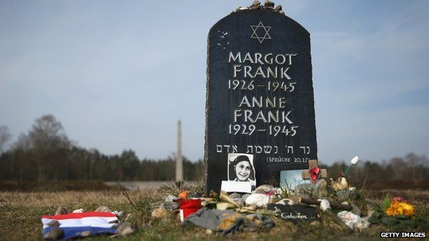 A symbolic tombstone commemorating Anne Frank and her sister Margot on the site of the former Bergen-Belsen concentration camp