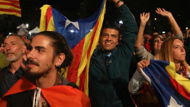 Crowds gather to await the result of the Independence referendum at the Placa de Catalunya on October 1, 2017 in Barcelona