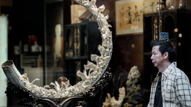 This picture taken on 27 February 2013 shows a pedestrian walking past a shop window displaying a carved ivory tusk in Hong Kong