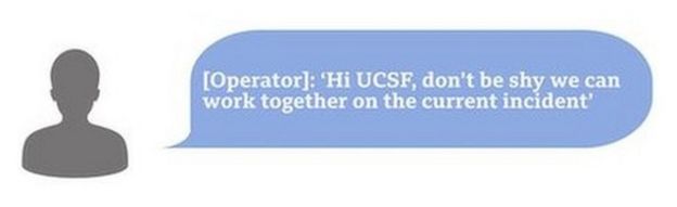 Hacker chat box saying [Operator]: 'Hi UCSF, don't be shy we can work together on the current incident'