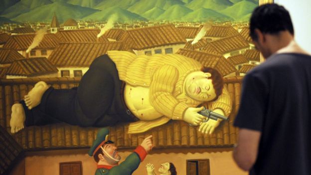 Foto da pintura de Botero no Museu de Antioquia