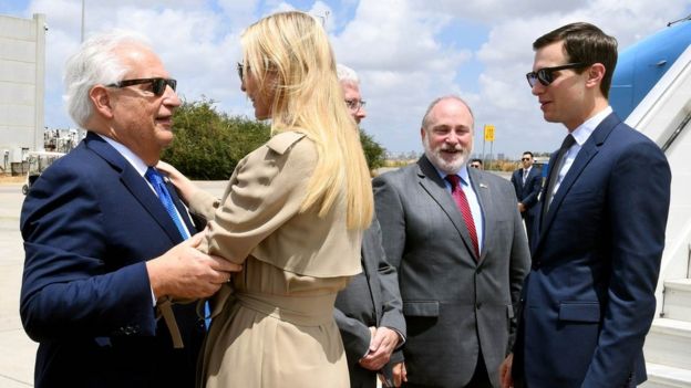 Ivanka Trump greets US Ambassador to Israel David Friedman (L) with her husband Jared Kushner (R) at Ben Gurion International Airport, near Tel Aviv