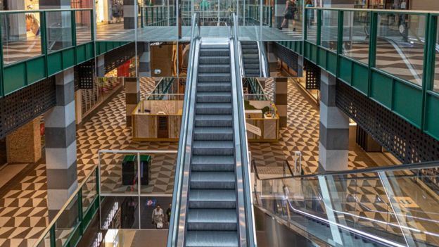 Empty escalators and shopping floors at a shopping mall on March 29, 2020 in Melbourne, Australia.