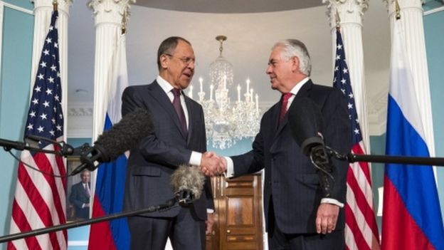 The Russian Foreign Minister Sergey Lavrov is met by the US Secretary of State Rex Tillerson. Mr Lavrov later met with President Trump at the White House.