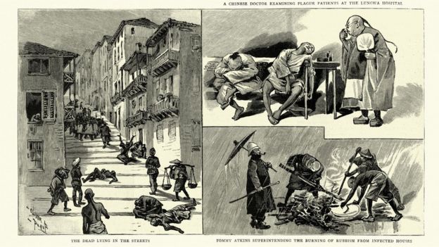 Ilustraciones que muestran cadáveres en las calles de Hong Kong en medio de la peste bubónica.