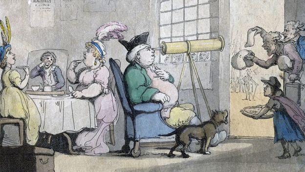 Un homme corpulent regardant à travers un télescope, XIXe siècle