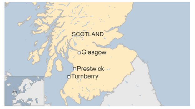 Map showing Turnberry and Prestwick in Scotland