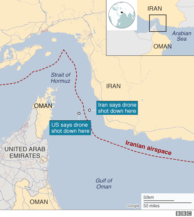 Map showing where both the US and Iran say a US drone was when it was shot down