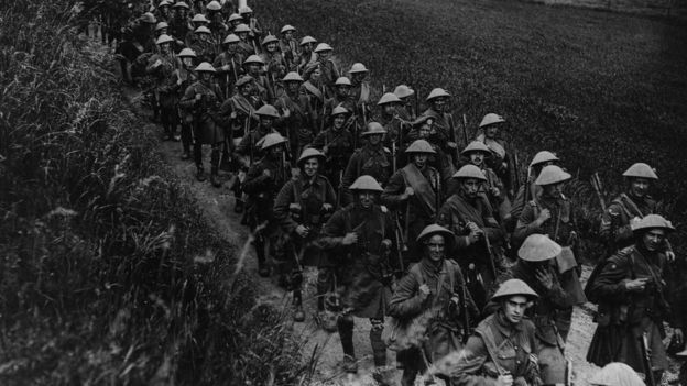 Soldiers marching at the Somme