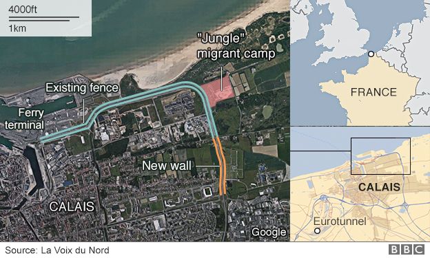 A map showing existing fences and the site of a new wall to be built near Calais port