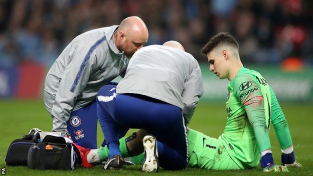 Chelsea keeper Kepa Arrizabalaga struggles with cramp