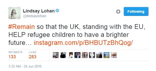 Lohan tweet saying stay in the EU to help refugees.