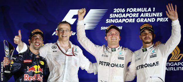 Lewis Hamilton on the podium in Singapore