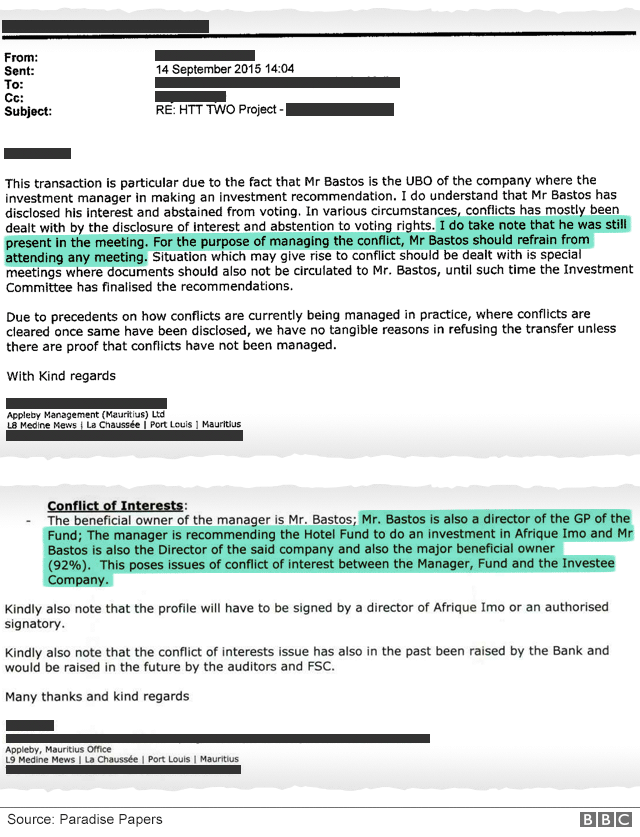 Internal Appleby email reply: “…I do take note that he was still present in the meeting. For the purpose of managing the conflict, Mr Bastos should refrain from attending any meeting…” Initial email: “…Mr Bastos is also director of the GP of the Fund; The manager is recommending the Hotel Fund to do an investment in Afrique Imo and Mr Bastos is also the Director of the said company and also the major beneficial owner (92%) This poses issues of conflict of interest between the Magager, Fund and Investee Company.”