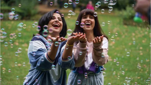 Vidya Balan as Shakuntala Devi (left) with daughter Anupama Banerji played by actress Sanya Malhotra in a scene from the film