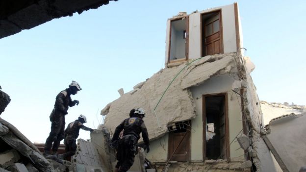 A damaged site after an airstrike in the besieged rebel-held al-Qaterji neighbourhood of Aleppo, Syria October 14, 2016.