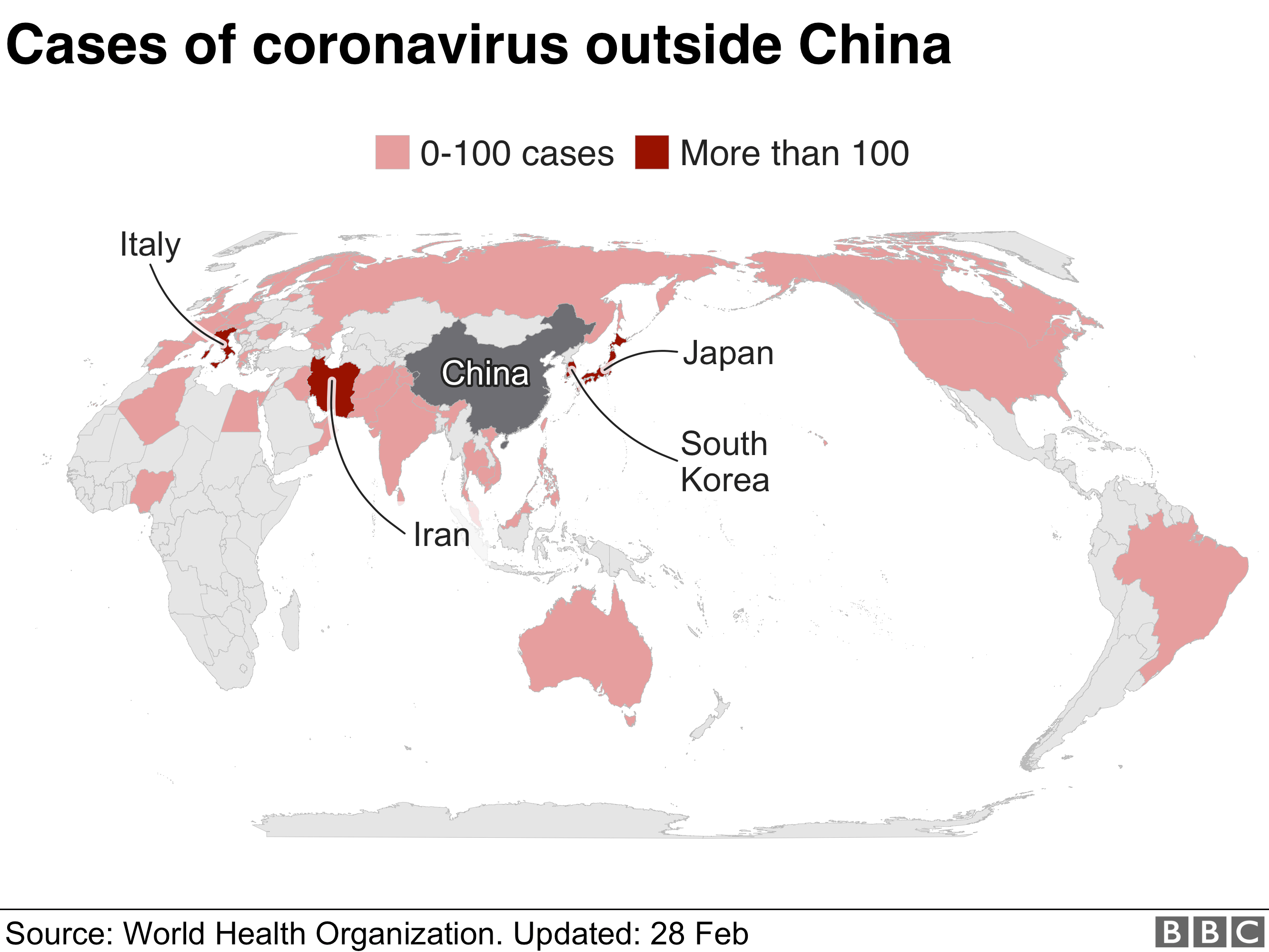 Map showing the countries affected by coronavirus outside China