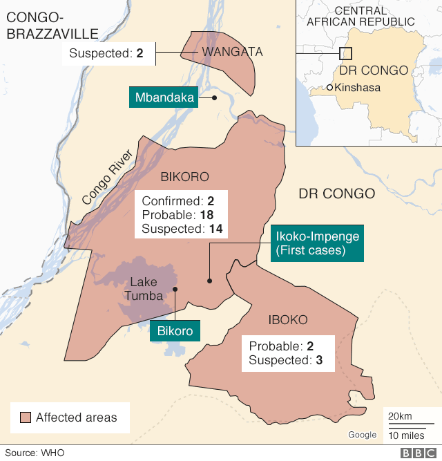 Map of Ebola outbreak in DR Congo