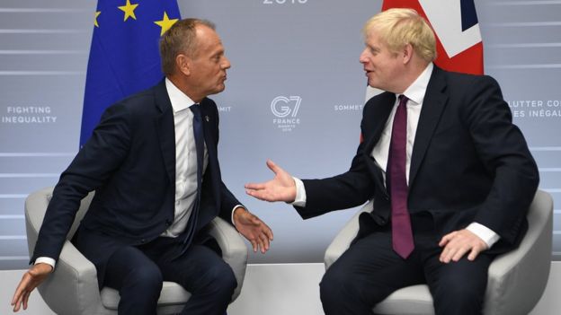 Britain's Prime Minister, Boris Johnson meets with President of the European Council, Donald Tusk at the G7 summit