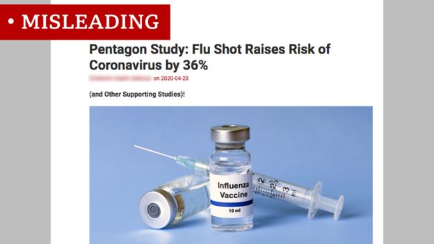 Screen grab of flu vaccine headline labelled misleading